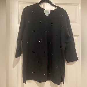 Quacker Factory Cottage Core Black V-Neck Top with Silver Studs Medium